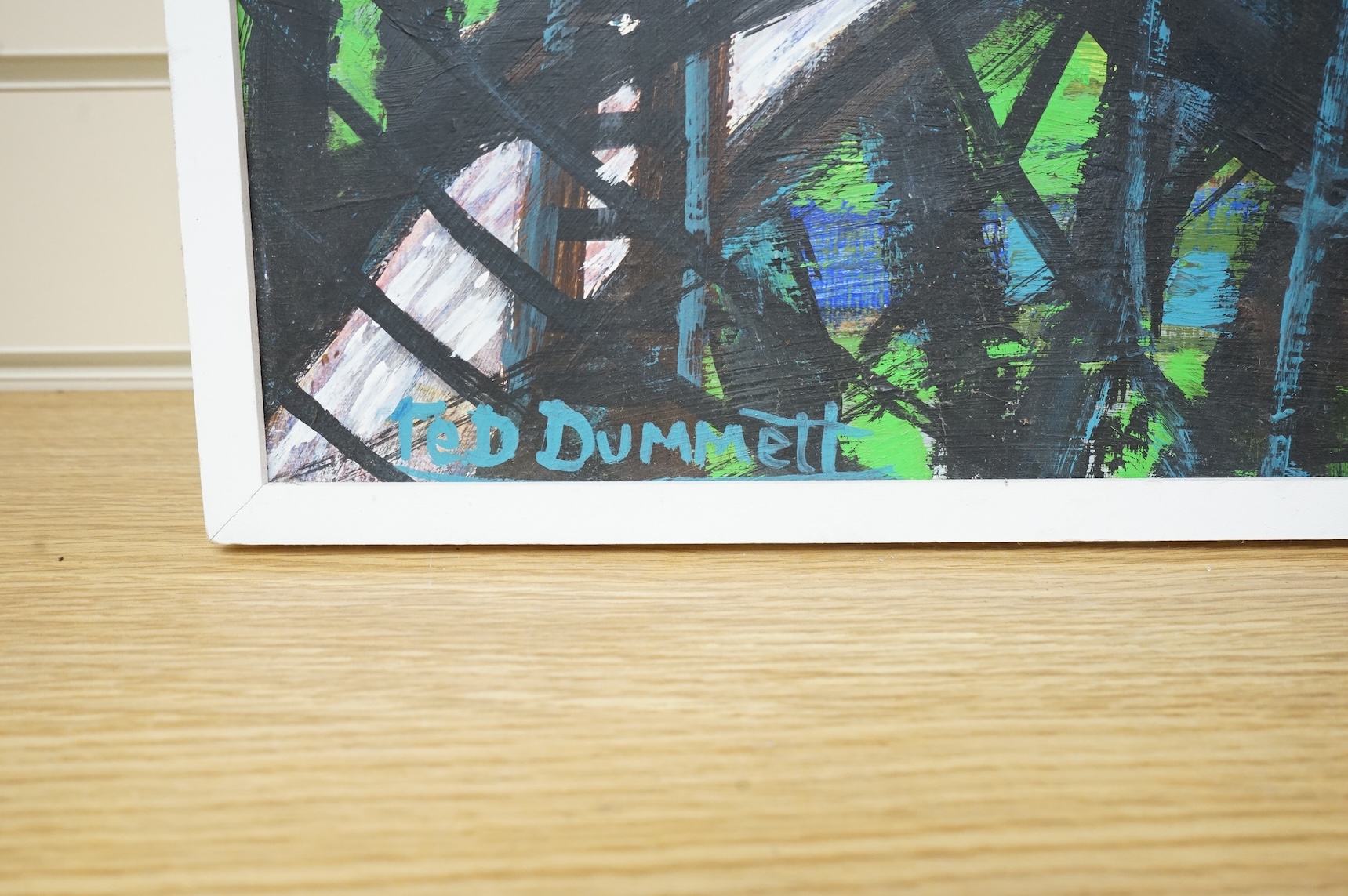 Ted Dummett, Countryside 1969, signed oil on board together with F H Baines, 'Altrincham Scheme', oil on board, unframed, largest 60 x 75cm